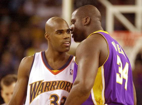 Dec 10, 2002; Oakland, CA, USA; Golden State Warrior Antawn Jamison talks with Los Angeles Lakers Shaquille O Neal before the start of their game at the Oakland Coliseum Tuesday December 10,2002 in Oakland Calif. Oakland CA USA Copyright: xBobxLarsonx