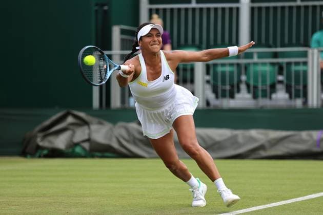1st July 2025; All England Lawn Tennis and Croquet Club, London, England; Wimbledon Tennis Tournament, Day 2; Heather Watson (GBR) with a forehand shot to Clara Tauson (DEN)  ActionPlus12807416 JohnxPatrickxFletcher