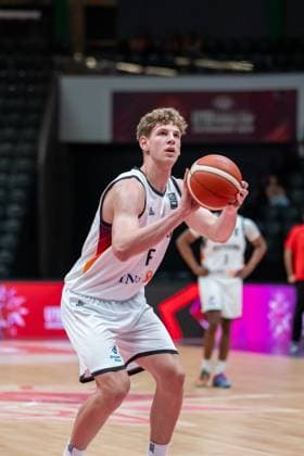 Lausanne, Switzerland, July 1st 2025: Hannes Steinbach (6 Germany) taking a free-throw during the FIBA U19 Basketball World Cup 2025 group stage game between Germany and Canada at Vaudoise Arena in Lausanne, Switzerland. (Pierre-Adrien Lagrange SPP)  Copyright: xPierre-AdrienxLagrangex xSPPx spp-en-PiLaSp-PAL-GER-CAN-FIBAU19-20250701-10