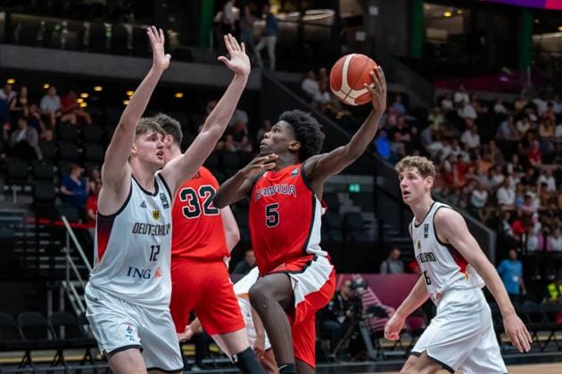 Lausanne, Switzerland, July 1st 2025: Adriel Nyhora (5 Canada) going for a lay-up during the FIBA U19 Basketball World Cup 2025 group stage game between Germany and Canada at Vaudoise Arena in Lausanne, Switzerland. (Pierre-Adrien Lagrange SPP) Copyright: xPierre-AdrienxLagrangex xSPPx spp-en-PiLaSp-PAL-GER-CAN-FIBAU19-20250701-31