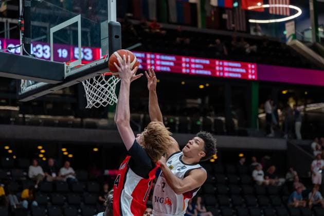 Lausanne, Switzerland, July 1st 2025: Maxime Meyer (14 Canada) and Jordan Müller (2 Germany) fighting for a rebound during the FIBA U19 Basketball World Cup 2025 group stage game between Germany and Canada at Vaudoise Arena in Lausanne, Switzerland. (Pierre-Adrien Lagrange SPP) Copyright: xPierre-AdrienxLagrangex xSPPx spp-en-PiLaSp-PAL-GER-CAN-FIBAU19-20250701-40