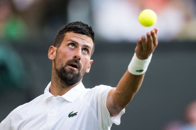 250701 Novak Djokovic of Serbia competes in a first round singles tennis match during day 2 of Wimbledon on July 1, 2025 in London. Photo: Petter Arvidson BILDBYRAN kod PA PA1045 tennis wimbledon day 2 bbeng Copyright: PETTERxARVIDSON BB250701PA052