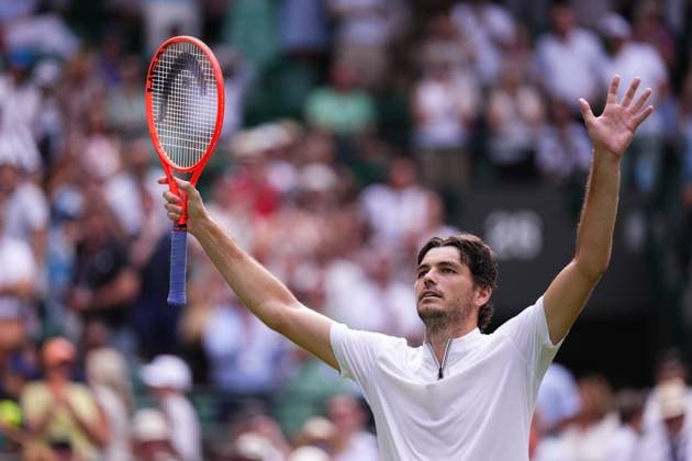 LONDON, ENGLAND - JULY 1: Taylor Fritz of United States celebrates winning a point against Giovanni Mpetshi Perricard of France (not pictured) during the Gentlemen s first round match on day two of The Championships Wimbledon 2025 at All England Lawn Tennis and Croquet Club on July 1, 2025 in London, England.  Copyright: xx