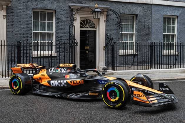 July 2, 2025, London, England, United Kingdom: A McLaren Formula 1 race car is seen outside 10 Downing Street in London, United Kingdom. London United Kingdom - ZUMAk172 0823818608st Copyright: xThomasxKrychx