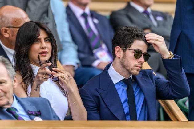 250702 Priyanka Chopra Jonas and Nick Jonas in the stands during day 3 of Wimbledon on July 2, 2025 in London. Photo: Petter Arvidson BILDBYRAN kod PA PA1047 tennis wimbledon day 3 bbeng Copyright: PETTERxARVIDSON BB250702PA054
