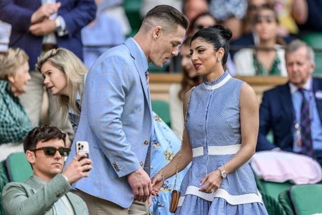 250702 John Cena, American actor and professional wrestler and Shay Shariatzadeh during day 3 of Wimbledon on July 2, 2025 in London. Photo: Petter Arvidson BILDBYRAN kod PA PA1047 tennis wimbledon day 3 bbeng Copyright: PETTERxARVIDSON BB250702PA059
