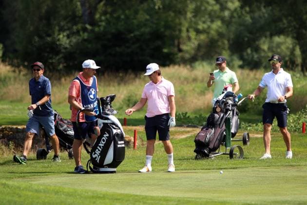 BMW International Open, Eichenried, 02.07.2025 Golf, BMW International Open, Eichenried, 02.07.2025, ProAm Turnier Bild: Die Gruppe mit Darius van Driel (Profigolfer), Tobias Wendl (Rennrodler), Tobias Arlt (Rennrodler), Michael Greis (ehemaliger Biathlet) Copyright: xBEAUTIFULxSPORTS NilsxKoepkex