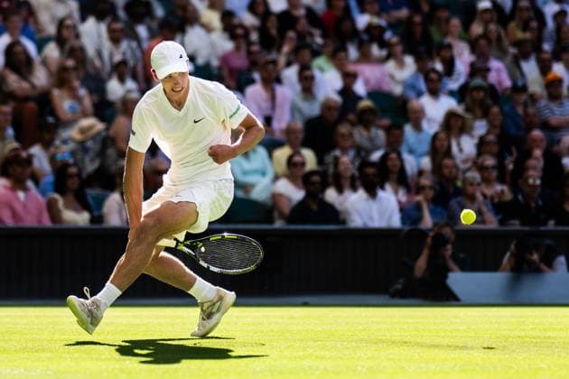 250702 Oliver Tarvet of Great Britain competes in a second round singles tennis match during day 3 of Wimbledon on July 2, 2025 in London . Photo: Petter Arvidson BILDBYRAN kod PA PA1047 tennis wimbledon day 3 bbeng Copyright: PETTERxARVIDSON BB250702PA115