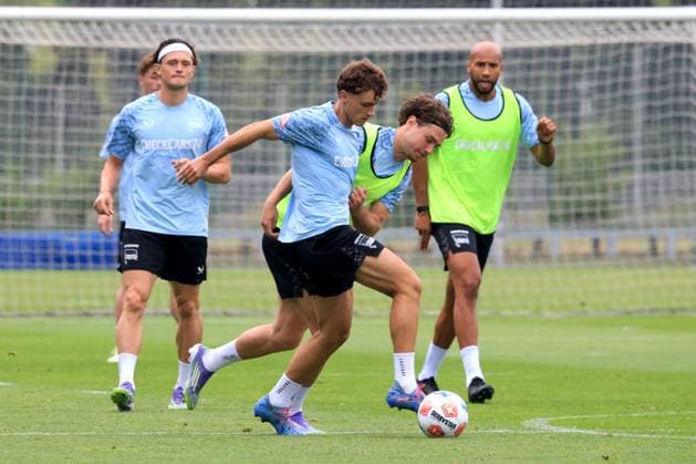 DEU, DFL, 2. FBL Hertha BSC, Training, 03.07.2025, Sportforum, Berlin, DEU, DFL, 2. FBL Hertha BSC, Training, im Bild Maurice Krattenmacher (Hertha BSC Berlin 14), Linus Gechter (Hertha BSC Berlin 44), Fabian Reese (Hertha BSC Berlin 11), John Anthony Brooks (Hertha BSC Berlin 25) DFL - regulations prohibit any use of Photographs as image sequences and or quasi-video