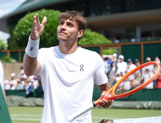 Tennis - 2025 Wimbledon Championships - Men™s Singles - 2nd round - Flavio Cobolli v Jack Pennington Jones All England Lawn Tennis & Croquet Club - Thursday 3rd July 2025 Flavio Cobolli (Italy) after winning the match 