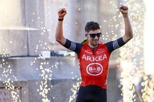 French Kevin Vauquelin of Arkea-B&B Hotels pictured during the team presentation ahead of the 2025 Tour de France cycling race, in Lille, France, on Thursday 03 July 2025. The 112th edition of the Tour de France starts on Saturday 5 July in Lille, France, and will finish in Paris, France on the 27th of July. DAVIDxPINTENS  x128364616x