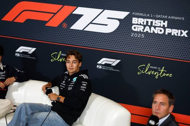 F1 - BRITISH GRAND PRIX 2025 RUSSELL George (gbr), Mercedes AMG F1 Team W16, portrait press conference, PK, Pressekonferenz during the Formula 1 Qatar Airways British Grand Prix 2025, 12th round of the 2025 FIA Formula One World Championship, WM, Weltmeisterschaft from July 4 to 6, 2025 on the Silverstone Circuit, in Silverstone, United Kingdom - SilverstoneUnited Kingdom Copyright: xDPPIx