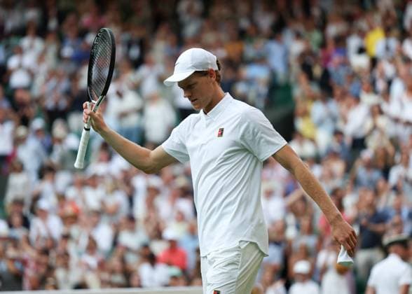 3rd July 2025; All England Lawn Tennis and Croquet Club, London, England; Wimbledon Tennis Tournament, Day 4; Jannik Sinner (ITA) thanks the spectators after defeating Aleksandar Vukic (AUS) in straight sets to go into the next round  ActionPlus12808451 JohnxPatrickxFletcher