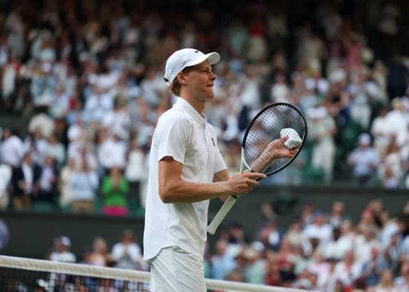 3rd July 2025; All England Lawn Tennis and Croquet Club, London, England; Wimbledon Tennis Tournament, Day 4; Jannik Sinner (ITA) thanks the spectators after defeating Aleksandar Vukic (AUS) in straight sets to go into the next round  ActionPlus12808453 JohnxPatrickxFletcher
