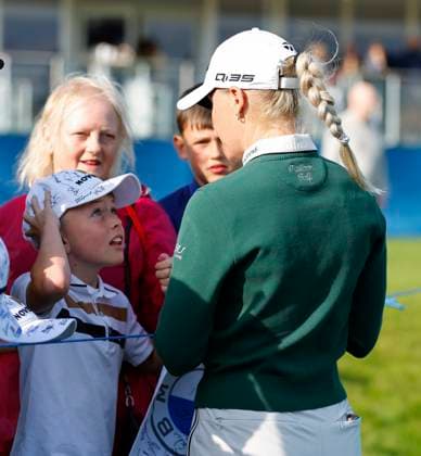 3rd July 2025; The O& x2019;Meara Course at Carton House, Maynooth, County Kildare, Ireland; KPMG Womens Irish Open Golf, Round 1; Charley Hull of England signs autographs for fans after her round  ActionPlus12808557 PeterxFitzpatrick
