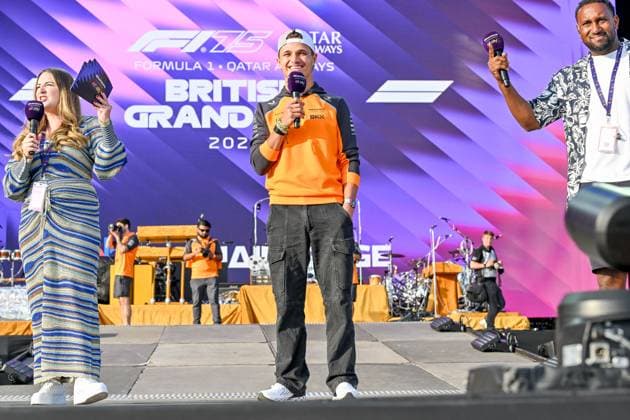 Formula 1 Launch Event, Drivers Silverstone, UK, 03 July, 2025. 03 July 2025. Lando Norris, McLaren, on the ebay Main Stage for the Launch Event at the Formula 1 Qatar Airways British Grand Prix at Silverstone, Northamptonshire, UK., Credit:Lee Floyd Avalon UK, Northamptonshire, Silverstone Copyright: xLeexFloydx xAvalonx 1018158257