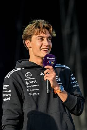 Formula 1 Launch Event, Drivers Silverstone, UK, 03 July, 2025. 03 July 2025. George Russell, Mercedes, on the ebay Main Stage for the Launch Event at the Formula 1 Qatar Airways British Grand Prix at Silverstone, Northamptonshire, UK., Credit:Lee Floyd Avalon UK, Northamptonshire, Silverstone Copyright: xLeexFloydx xAvalonx 1018158492