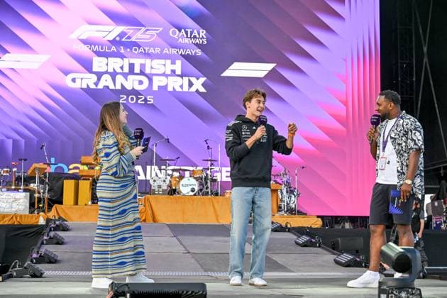 Formula 1 Launch Event, Drivers Silverstone, UK, 03 July, 2025. 03 July 2025. George Russell, Mercedes, on the ebay Main Stage for the Launch Event at the Formula 1 Qatar Airways British Grand Prix at Silverstone, Northamptonshire, UK., Credit:Lee Floyd Avalon UK, Northamptonshire, Silverstone Copyright: xLeexFloydx xAvalonx 1018158652