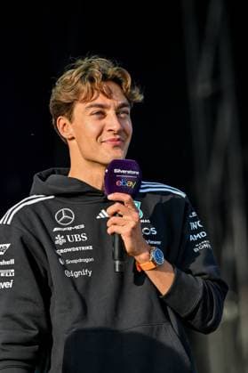 Formula 1 Launch Event, Drivers Silverstone, UK, 03 July, 2025. 03 July 2025. George Russell, Mercedes, on the ebay Main Stage for the Launch Event at the Formula 1 Qatar Airways British Grand Prix at Silverstone, Northamptonshire, UK., Credit:Lee Floyd Avalon UK, Northamptonshire, Silverstone Copyright: xLeexFloydx xAvalonx 1018158695
