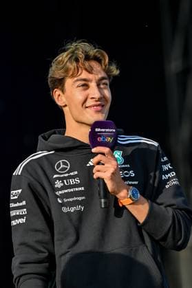 Formula 1 Launch Event, Drivers Silverstone, UK, 03 July, 2025. 03 July 2025. George Russell, Mercedes, on the ebay Main Stage for the Launch Event at the Formula 1 Qatar Airways British Grand Prix at Silverstone, Northamptonshire, UK., Credit:Lee Floyd Avalon UK, Northamptonshire, Silverstone Copyright: xLeexFloydx xAvalonx 1018158702