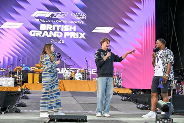 Formula 1 Launch Event, Drivers Silverstone, UK, 03 July, 2025. 03 July 2025. George Russell, Mercedes, on the ebay Main Stage for the Launch Event at the Formula 1 Qatar Airways British Grand Prix at Silverstone, Northamptonshire, UK., Credit:Lee Floyd Avalon UK, Northamptonshire, Silverstone Copyright: xLeexFloydx xAvalonx 1018158716