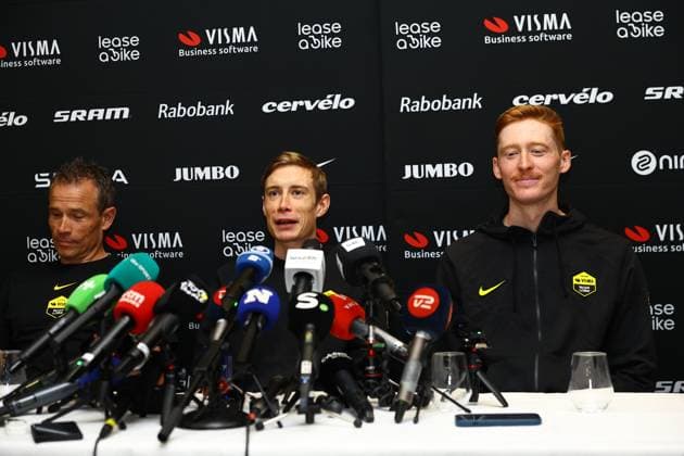 Team Visma-Lease a Bike sports director Grischa Niermann, Danish Jonas Vingegaard Hansen of Team Visma-Lease a Bike, American Matteo Jorgenson of Team Visma-Lease a Bike and pictured during a press conference, PK, Pressekonferenz of team Visma - Lease a Bike ahead of the 2025 Tour de France cycling race, in Lille, France, on Friday 04 July 2025. The 112th edition of the Tour de France starts on Saturday 5 July in Lille, France, and will finish in Paris, France on the 27th of July. DAVIDxPINTENS  x128392893x