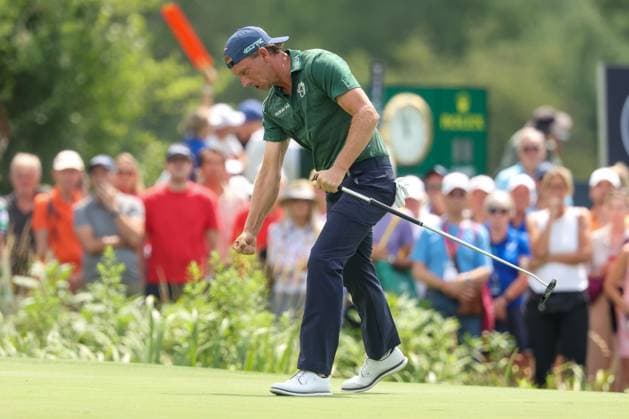 Marcel Siem (GER) Jubel nach seinem Eagle auf der 18, 36. BMW International Open 2025, Golf, DP World Tour, Herren, Runde 2, 04.07.2025 Eichenried Bayern Deutschland