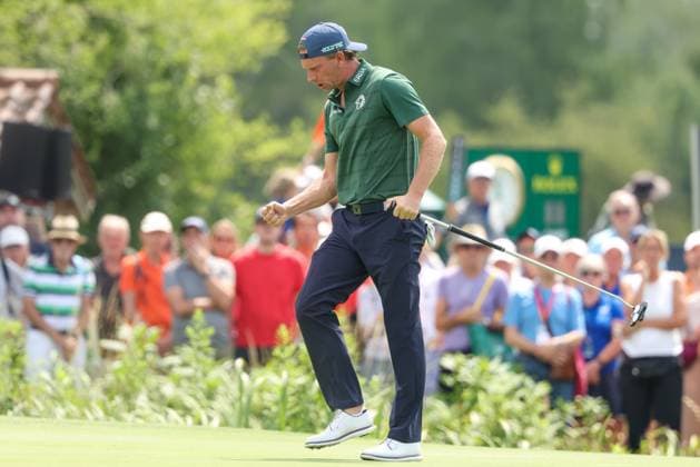 Marcel Siem (GER) Jubel nach seinem Eagle auf der 18, 36. BMW International Open 2025, Golf, DP World Tour, Herren, Runde 2, 04.07.2025 Eichenried Bayern Deutschland