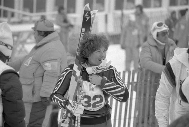 Olympic Games, Olympische Spiele, Olympia, OS Lake Placid 1980, Slalom: Nadig in the finish area Olympic Games Lake Placid 1980, Slalom: Nadig in the finish area 39445568
