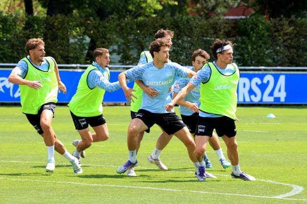 DEU, DFL, 2. FBL Hertha BSC, Training, 04.07.2025, Sportforum, Berlin, DEU, DFL, 2. FBL Hertha BSC, Training, im Bild Fabian Reese (Hertha BSC Berlin 11), Leon Jensen (Hertha BSC Berlin 5), Marton Dardai (Hertha BSC Berlin 31), Michael Cuisance (Hertha BSC Berlin 10) DFL - regulations prohibit any use of Photographs as image sequences and or quasi-video