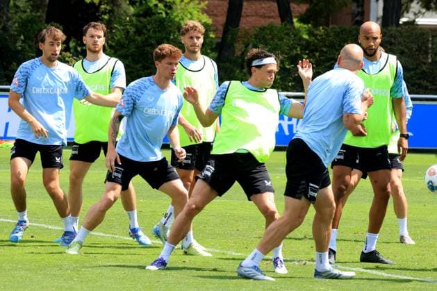 DEU, DFL, 2. FBL Hertha BSC, Training, 04.07.2025, Sportforum, Berlin, DEU, DFL, 2. FBL Hertha BSC, Training, im Bild Fabian Reese (Hertha BSC Berlin 11), Sebastian Groenning (Hertha BSC Berlin 17), John Anthony Brooks (Hertha BSC Berlin 25), Toni Leistner (Hertha BSC Berlin 37) DFL - regulations prohibit any use of Photographs as image sequences and or quasi-video