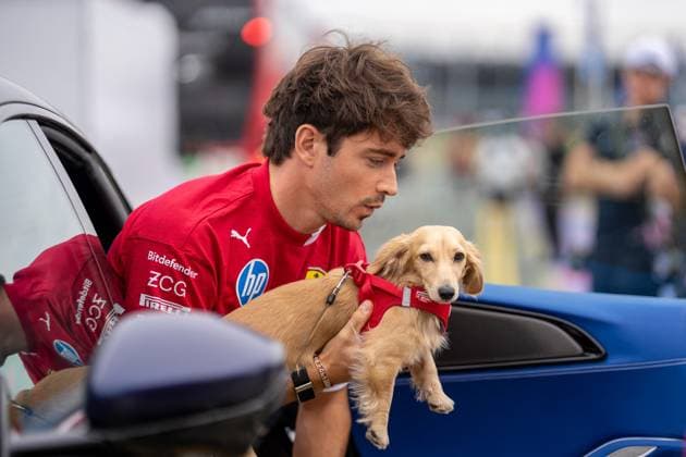 F1 British Grand Prix - UK Charles Leclerc (Mon) of Scuderia Ferrari 16 and Leo Leclerc (Dog) during the Formula 1 Qatar Airways British Grand Prix 2025 on Friday at the Silverstone International Circuit, Silverstone, England, UK on July 4, 2025. Photo by Antoine Lapeyre ABACAPRESS.COM Silverstone England United Kingdom  Copyright: xLapeyrexAntoine ABACAx