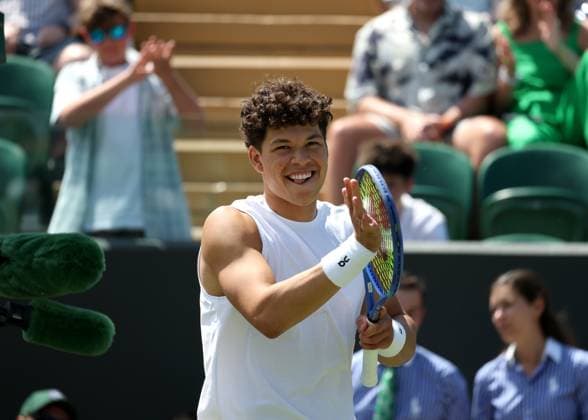 4th July 2025; All England Lawn Tennis and Croquet Club, London, England; Wimbledon Tennis Tournament, Day 5; Ben Shelton (USA) celebrates after quickly defeating Rinky Hijikata (AUS) by two sets to one in the continued match from yesterday  ActionPlus12808731 JohnxPatrickxFletcher