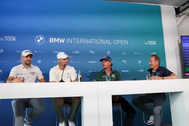 Pressekonferenz, l-r: Nicolai von Dellingshausen (GER), Martin Kaymer (GER), Marcel Siem (GER), Moderator Ralf Exel, 36. BMW International Open 2025, Golf, DP World Tour, Herren, Runde 2, 04.07.2025 Eichenried Bayern Deutschland
