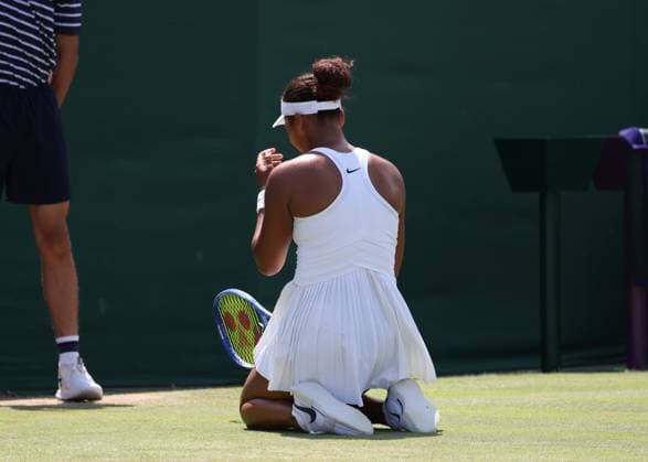 4th July 2025; All England Lawn Tennis and Croquet Club, London, England; Wimbledon Tennis Tournament, Day 5; Naomi Osaka (JPN) falls to her knees in dissapointment in her match against Anastasia Pavlyuchenkova (RUS)  ActionPlus12808747 JohnxPatrickxFletcher