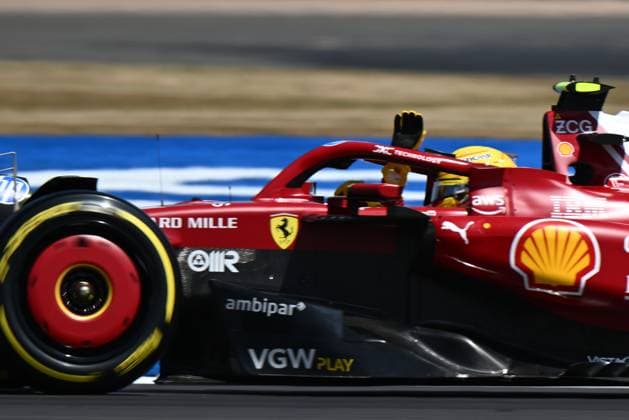 4th July 2025; Silverstone Circuit, Northamptonshire, England; Formula 1 2025 Qatar Airways British F1 Grand Prix; Free Practice Day; Lewis Hamilton in the Ferrari 066 15 powered Ferrari SF-25 car shows their appreciation to fans during his first lap in P1  ActionPlus12808824 SimonxWest