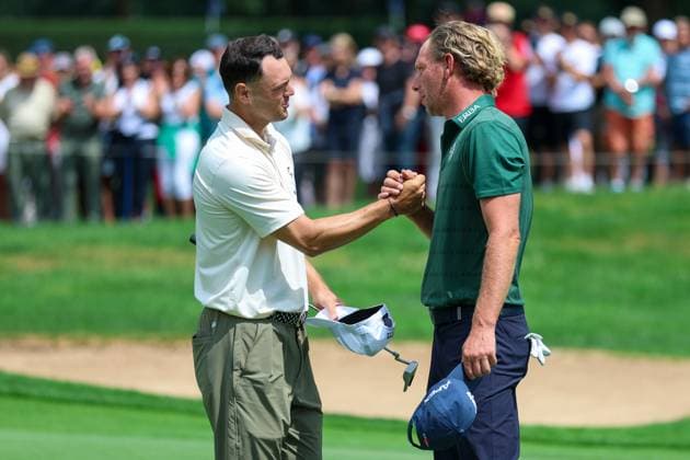 Golf DP World Tour European Tour Tag 2 BMW International Open 2025 am 04.07.2025 im Golf Club Eichenried Martin Kaymer ( Deutschland ), links - Marcel Siem ( Deutschland ), rechts *** Golf DP World Tour European Tour Day 2 BMW International Open 2025 on 04 07 2025 at Golf Club Eichenried Martin Kaymer Germany , left Marcel Siem Germany , right xMSx