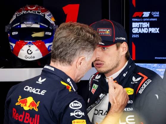 SILVERSTONE - Christian Horner (Red Bull Racing) and Max Verstappen (Red Bull Racing) prior to 2nd free practice at the Silverstone circuit ahead of the Great Britain Grand Prix. ANP SEM VAN DER WAL xVIxANPxSportx xxANPxIVx 530933196 originalFilename: 530933196.jpg