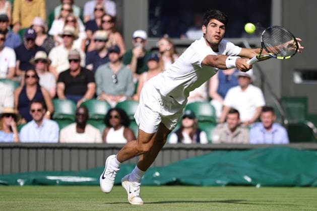 Carlos Alcaraz, ESP, during third round of 2025 All England Lawn Tennis Championships at Wimbledon, mens singles, London, 04 07 2025; -