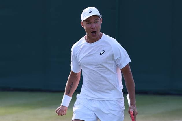 July 4, 2025, London, Celestynow, England: KAMIL MAJCHRZAK of Poland celebrates winning the match against A. Rinderknech of France in the third round of Championships 2025 at Wimbledon AELTC in London. London England - ZUMAc278 20250704_zsp_c278_023 Copyright: xMarcinxCholewinskix