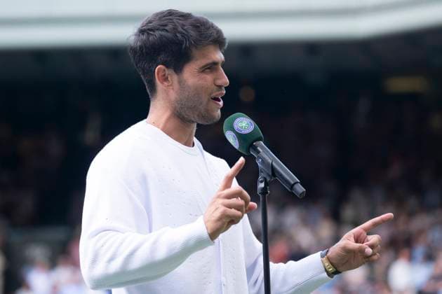 Carlos Alcaraz after winning the Wimbledon 2025 Men?s Singles third round tennis match against Jan-Lennard Struff at the All England Tennis Club in London, England (Richard Callis SPP) Copyright: xRichardxCallis SPPx spp-en-RiCa-SPP25_richiecallis_040725_18925