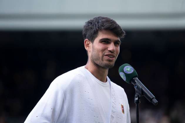 Carlos Alcaraz after winning the Wimbledon 2025 Men?s Singles third round tennis match against Jan-Lennard Struff at the All England Tennis Club in London, England (Richard Callis SPP) Copyright: xRichardxCallis SPPx spp-en-RiCa-SPP25_richiecallis_040725_18929