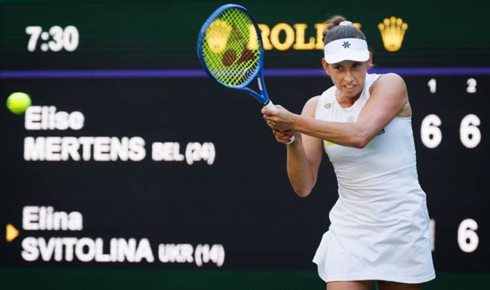 Belgian Elise Mertens pictured in action during a tennis match between Belgian Mertens and Ukrainian Svitolina, in the third round of the women s singles at the 2025 Wimbledon grand slam tournament, Friday 04 July 2025 at the All England Tennis Club, in South-West London, Britain. BENOITxDOPPAGNE  x128436018x