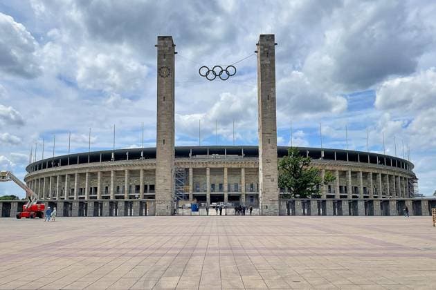 Berlin, Deutschland, 27.05.2025: Olympiastadion: Konzept für Olympia-Bewerbung Berlin+ vorgestellt: Blick auf das Olympiastadion, Eingangsbereich Olympisches Tor Copyright: xdtsxNachrichtenagenturx dts_73640