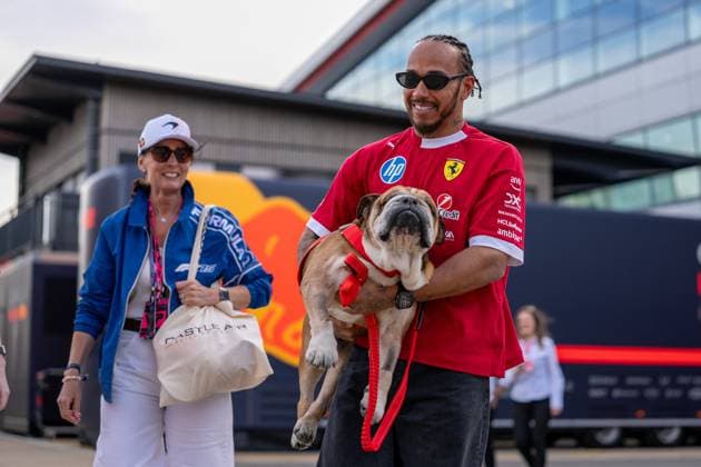 F1 British Grand Prix - UK Lewis Hamilton (Gbr) of Scuderia Ferrari 44 and Roscoe Hamilton (dog)during the Formula 1 Qatar Airways British Grand Prix 2025 on Friday at the Silverstone International Circuit, Silverstone, Great Britain on July 4, 2025 Credit: Photo by Antoine Lapeyre ABACAPRESS.COM Silverstone United Kingdom  Copyright: xLapeyrexAntoine ABACAx