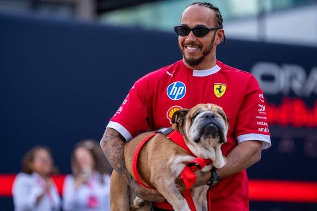 F1 British Grand Prix - UK Lewis Hamilton (Gbr) of Scuderia Ferrari 44 and Roscoe Hamilton (dog) during the Formula 1 Qatar Airways British Grand Prix 2025 on Friday at the Silverstone International Circuit, Silverstone, Great Britain on July 4, 2025 Credit: Photo by Antoine Lapeyre ABACAPRESS.COM Silverstone United Kingdom  Copyright: xLapeyrexAntoine ABACAx