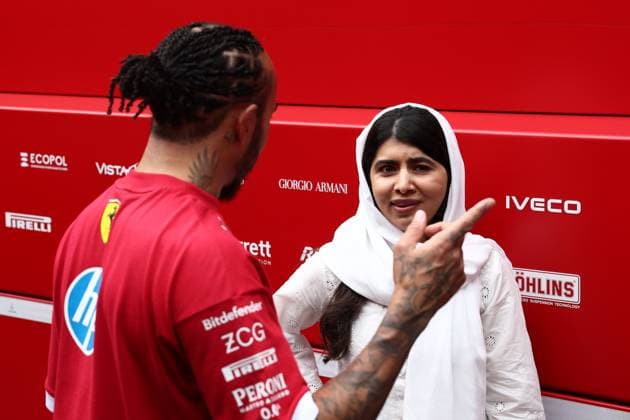 F1 British Grand Prix 2024 Practice 3 Lewis Hamilton of Ferrari and Malala Yousafzai after third practice ahead of the Formula 1 British Grand Prix at Silverstone Circuit in Northampton, Great Britain on July 5, 2024. Northampton United Kingdom  Copyright: xJakubxPorzyckix originalFilename:porzycki-f1britis250705_np0vP.jpg