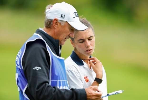 5th July 2025; The O& x2019;Meara Course at Carton House, Maynooth, County Kildare, Ireland; KPMG Womens Irish Open Golf, Round 3; Blanca Fernandez of Spain gets the yardage from her caddy for her second shot on the 1st hole  ActionPlus12809460 PeterxFitzpatrick