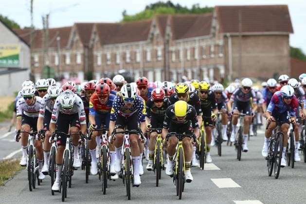 Slovenian Tadej Pogacar of UAE Team Emirates, US Quinn Simmons of Lidl-Trek and Belgian Victor Campenaerts of Team Visma-Lease a Bike pictured in action during the first stage, Lille Metropole to Lille Metropole (185 km), of the 2025 Tour de France cycling race, in Lille, France, on Saturday 05 July 2025. The 112th edition of the Tour de France starts on Saturday 5 July in Lille, France, and will finish in Paris, France on the 27th of July. DAVIDxPINTENS  x128479236x