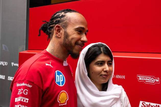 F1 British GP 2025 - UK Lewis Hamilton (Gbr) of Scuderia Ferrari 44 and Activist Malala Yousafzai (Pak) during the Formula 1 Qatar Airways British Grand Prix 2025 on Saturday at the Silverstone International Circuit, Silverstone, Great Britain on July 5, 2025 Photo by Photo by Antoine Lapeyre ABACAPRESS.COM Silverstone United Kingdom  Copyright: xLapeyrexAntoine ABACAx